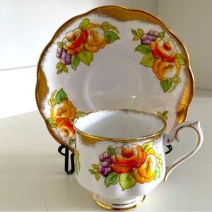 VTG ROYAL ALBERT CROWN CHINA TEACUP AND SAUCER WITH ORANGE AND YELLOW ROSES